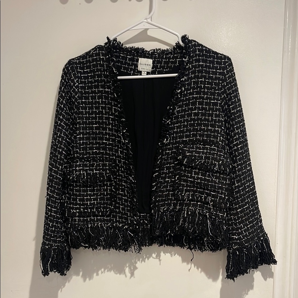 Eloquii Black and White Tweed Blazer with Fringe Detail